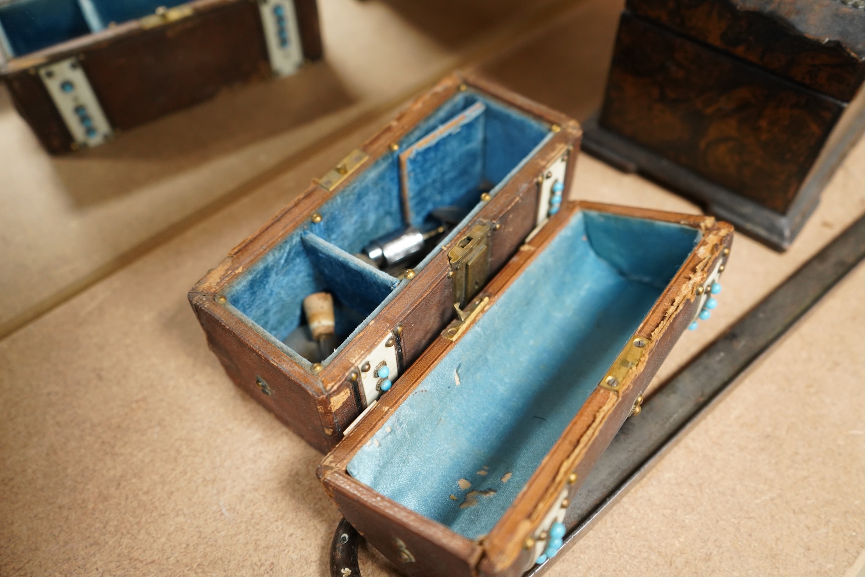 A 19th century brass mounted bayonet together with a tea caddy and a domed casket (a.f)
